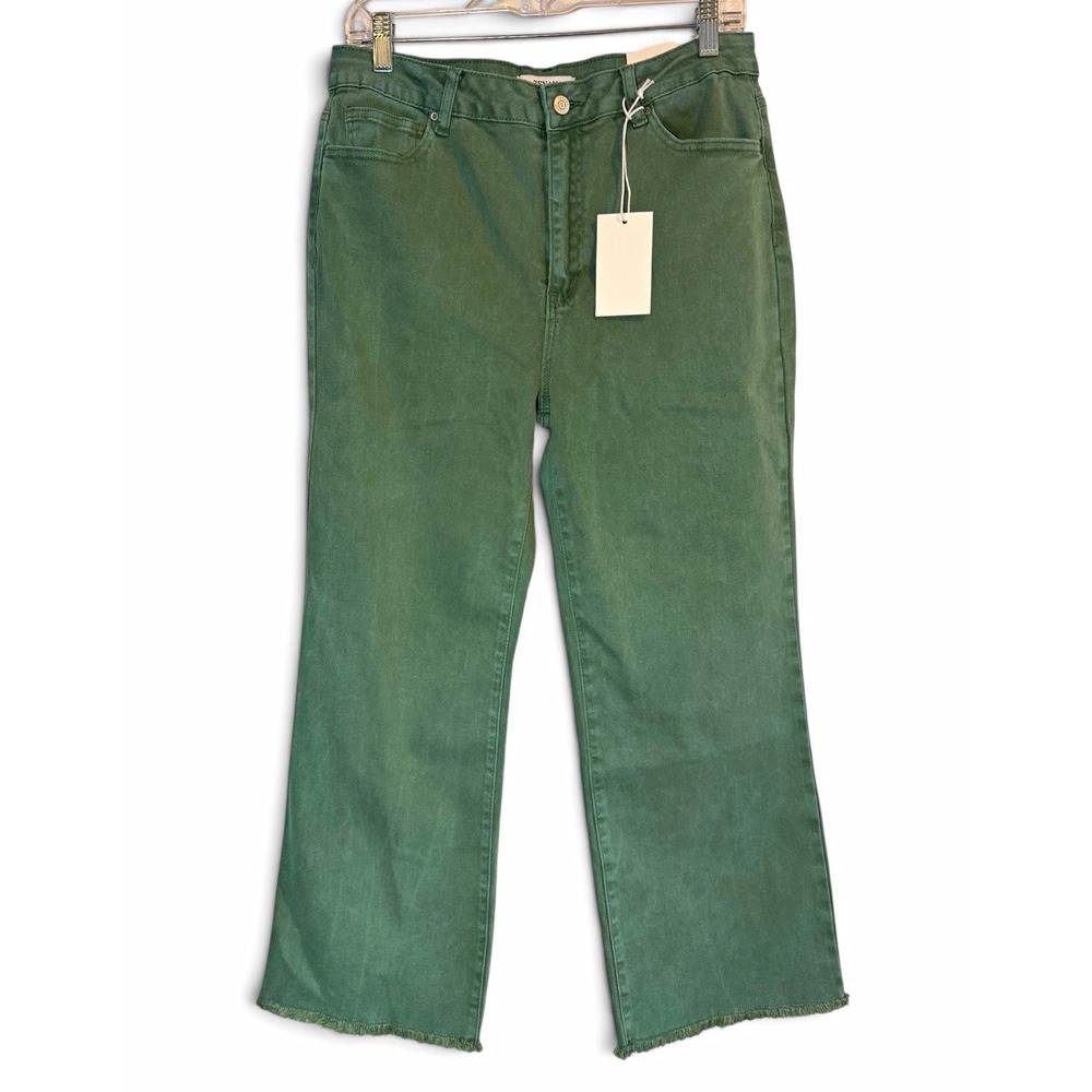 Zenana Women's XL Green Denim Jeans High Rise Straight Leg Medium Wash Raw Hem